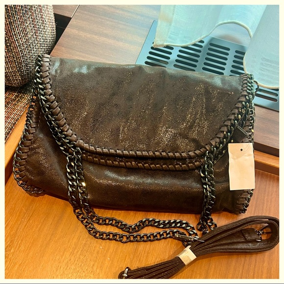 Distressed vegan Leather Paris Chain Dark Brown Fashion Stylish Bag - Picture 2 of 8